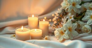 A serene candlelit vigil scene with flickering candles, surrounded by white flowers symbolizing peace and remembrance.