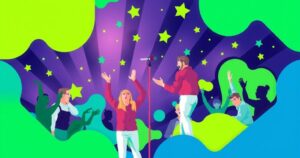 A political party launch with symbolic elements of unity and transformation, featuring vibrant colors and abstract shapes.