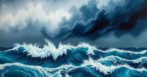 A dramatic ocean scene showing powerful waves and dark storm clouds, reflecting a severe storm's approach in the Philippines.