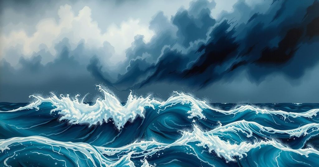 A dramatic ocean scene showing powerful waves and dark storm clouds, reflecting a severe storm's approach in the Philippines.