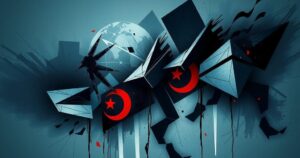Abstract representation of conflict and power dynamics in a geopolitical setting with dark colors and sharp contrasts.