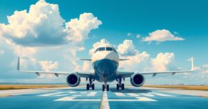 Government plane departing from airport with a serene blue sky and fluffy white clouds in the background.