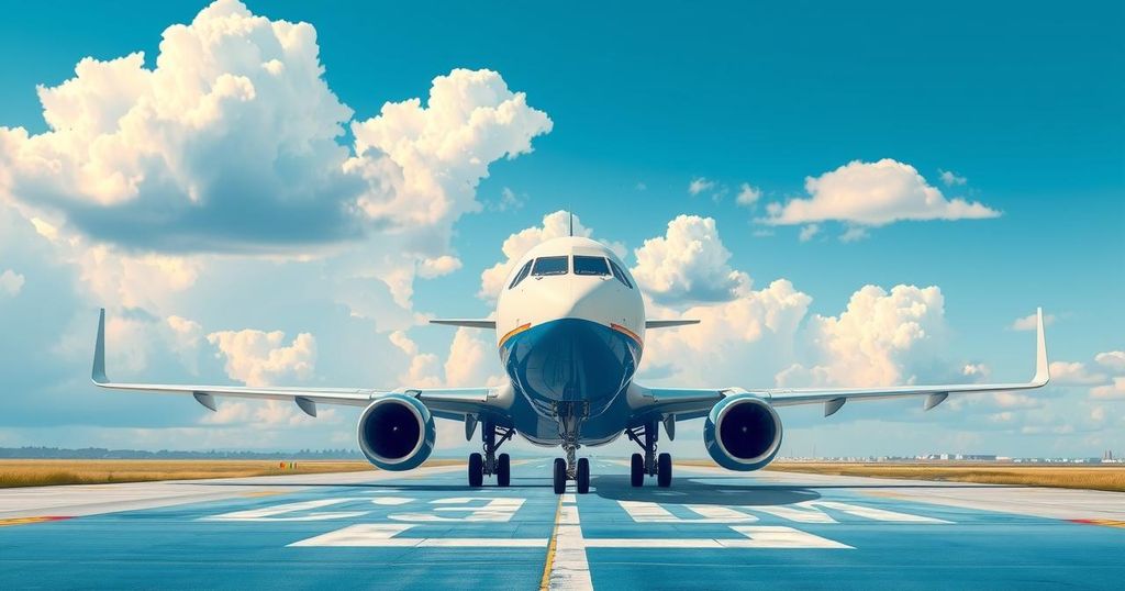 Government plane departing from airport with a serene blue sky and fluffy white clouds in the background.