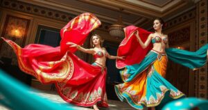 A vibrant Middle Eastern dance scene with colorful fabrics, traditional instruments, and dynamic movement.