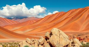 Cascading orange hills with serpentinite rock formation in Morocco's Anti-Atlas mountains under blue sky.