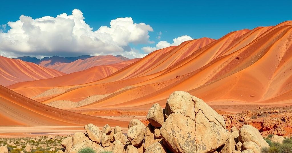 Cascading orange hills with serpentinite rock formation in Morocco's Anti-Atlas mountains under blue sky.