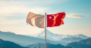 Two flags crossed in front of a mountainous backdrop symbolizing alliances and diplomatic relations.