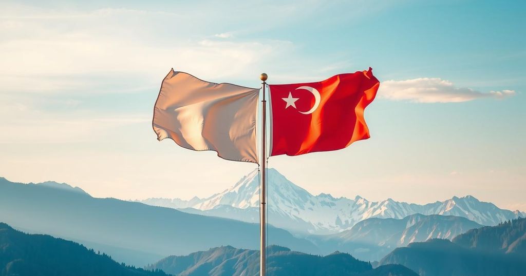 Two flags crossed in front of a mountainous backdrop symbolizing alliances and diplomatic relations.