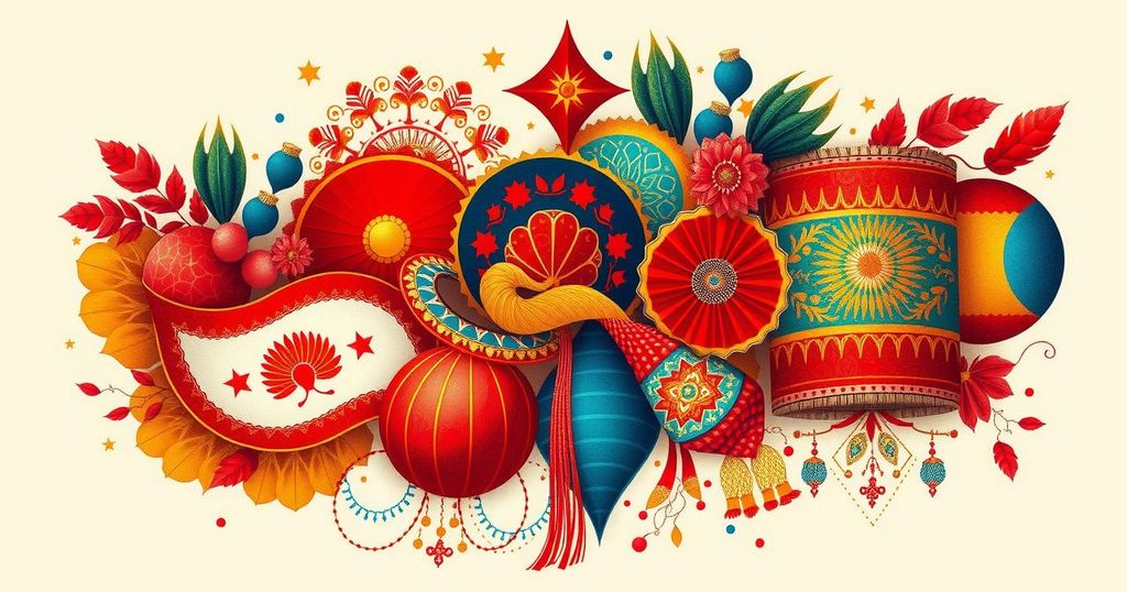 Colorful artwork depicting Hungary and Uzbekistan's cultural elements in a vibrant, abstract style.