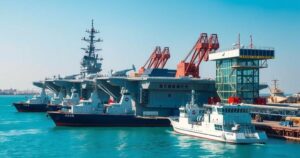 Chinese aircraft carrier and naval fleet visiting Hong Kong, showcasing naval power and modern engineering.