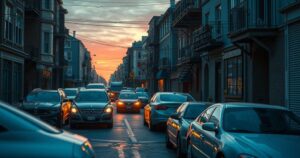 A city street scene at dusk, with parked cars, a blurred sense of movement, showcasing an urban environment in turmoil.