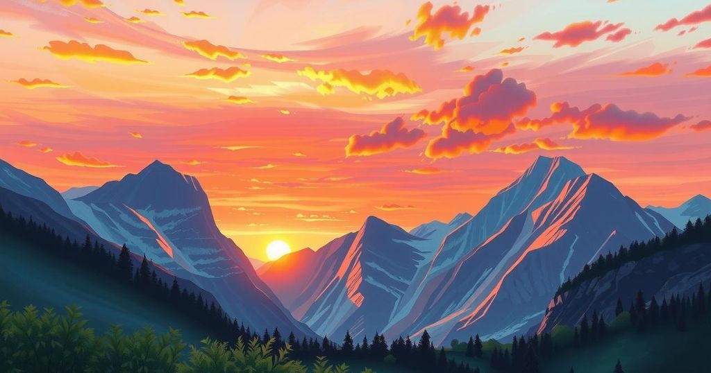 A serene landscape with mountains and a sunset, featuring warm colors and a tranquil artistic style.