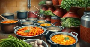 A vibrant soup kitchen scene, featuring colorful vegetables and pots with soup, symbolizing community effort and compassion.