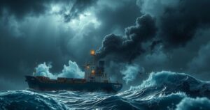 A dark blue sea with a shadowy silhouette of a cargo ship, complemented by dramatic clouds and a stormy sky.