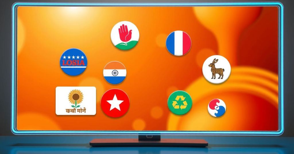 Virtual meeting among diverse political party symbols displaying unity and collaboration for legislative issues.