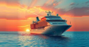 A tranquil cruise ship sailing toward sunset over calm waters, surrounded by serene ocean scenery.