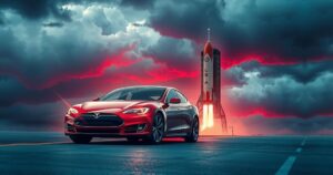 A digital illustration showing a Tesla car parked near a SpaceX rocket under a stormy sky with a dramatic color palette.