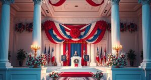 A political scene depicting a grand ceremony at the White House, showcasing domestic policy changes in vibrant colors.