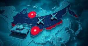 A map highlighting Russia and North Korea with military symbols, showcasing their growing alliance.
