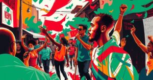 Vibrant street scene in Kenya showcasing protest actions amidst vibrant colors and expressive art forms.