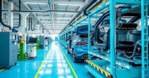 Electric vehicle assembly factory in Brazil with modern machinery and a clean environment.