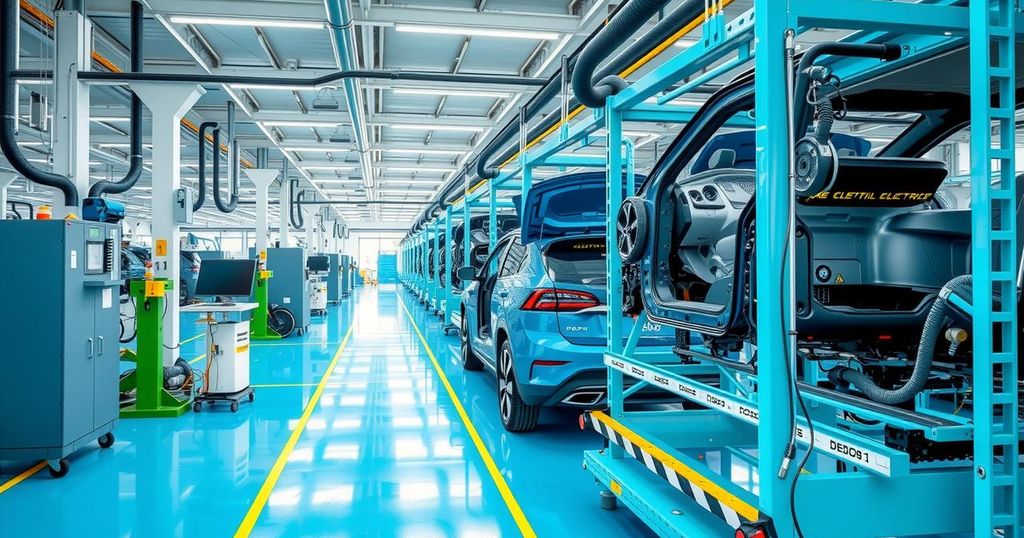 Electric vehicle assembly factory in Brazil with modern machinery and a clean environment.