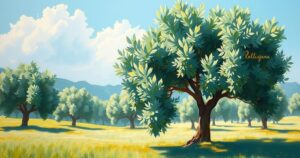 Landscape with olive trees under a clear blue sky, symbolizing hope and peace in a serene environment.