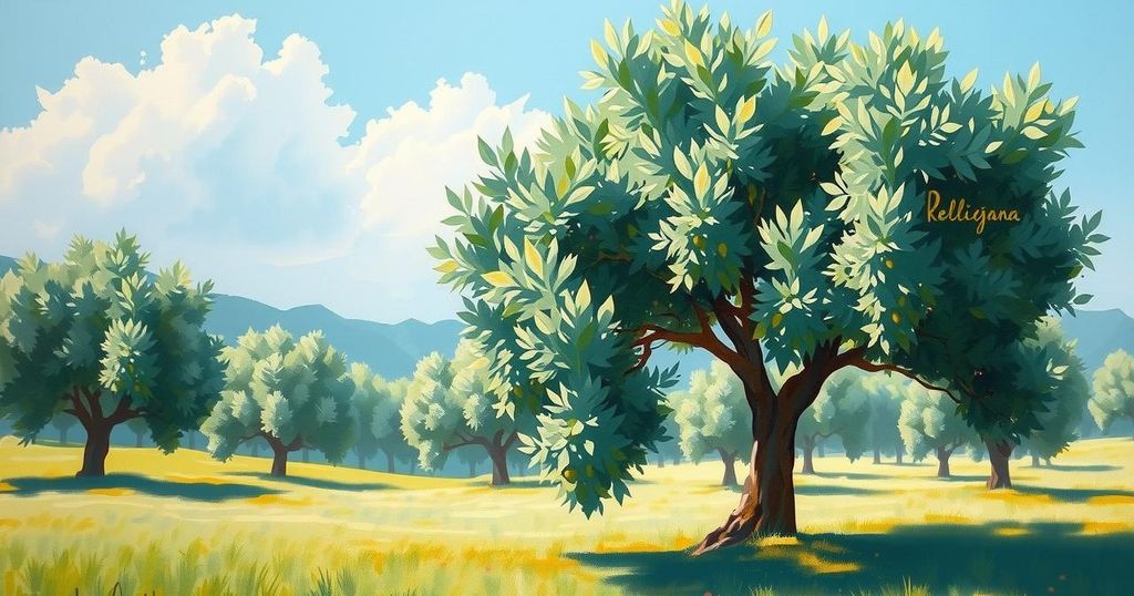 Landscape with olive trees under a clear blue sky, symbolizing hope and peace in a serene environment.