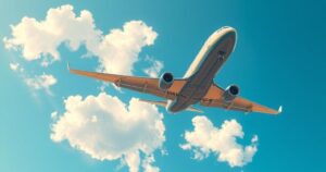 A large airplane flying towards Venezuela with clouds and blue sky in the background, symbolizing hope and freedom.