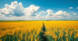Vibrant wheat and soybean fields under a sunny sky in Argentina, depicting abundant harvest and agricultural growth.