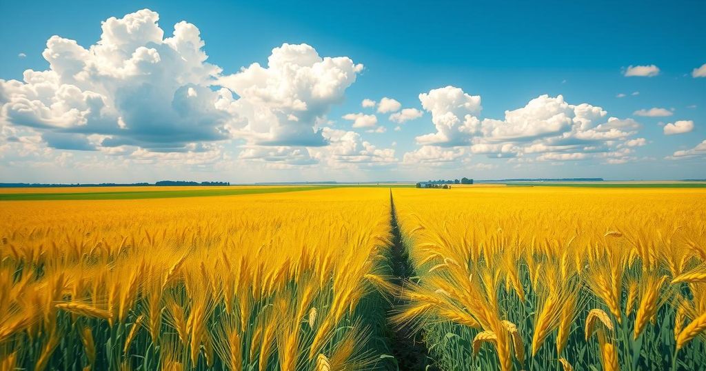 Vibrant wheat and soybean fields under a sunny sky in Argentina, depicting abundant harvest and agricultural growth.