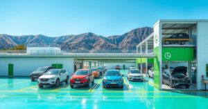 A modern electric vehicle factory with sleek architecture in a sunny Brazilian landscape, emphasizing eco-friendly production.
