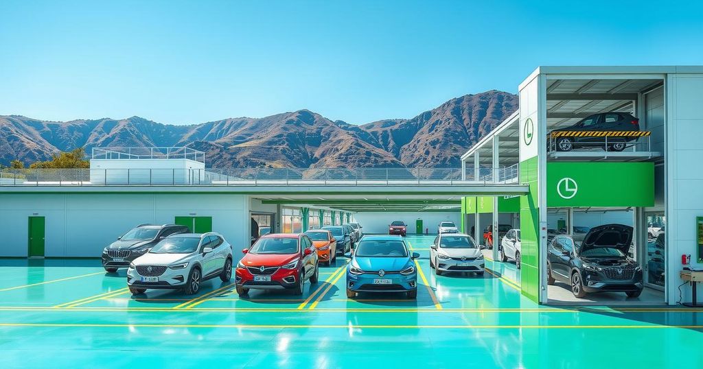A modern electric vehicle factory with sleek architecture in a sunny Brazilian landscape, emphasizing eco-friendly production.