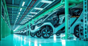 Celebration of electric vehicle production in Morocco's factory with Renault logo and modern assembly line.