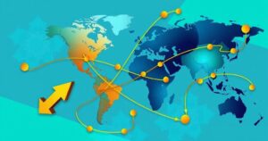 An abstract representation of global trade with arrows, tariffs, and maps in vibrant colors.