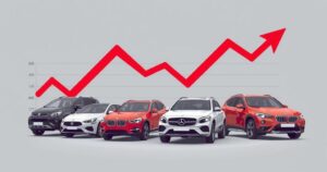 Declining automotive exports illustration with vehicles and graphs showcasing drops in trade volume and tariffs.