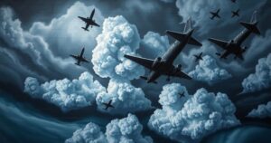 A somber and dark-themed mural representing immigration struggles, featuring a stormy sky and shadowy planes.