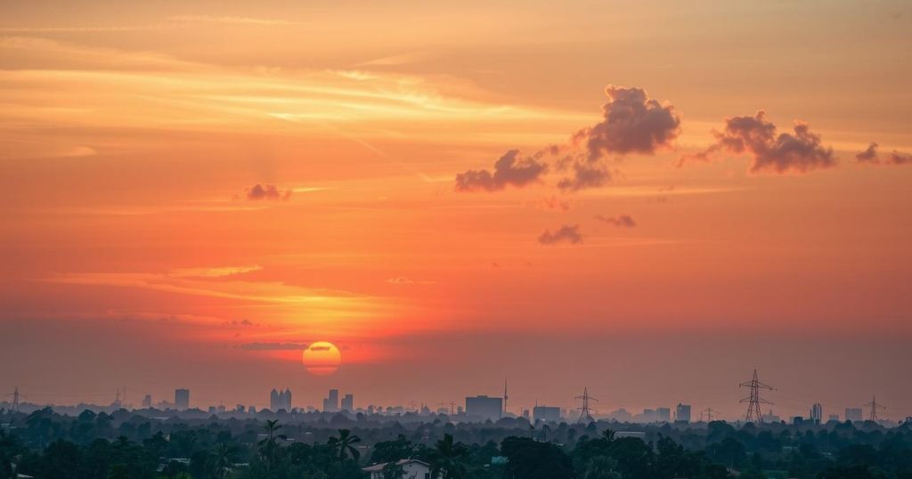 A serene landscape with a sunset over Abuja, Nigeria, symbolizing remembrance and honor, in warm, soothing colors.