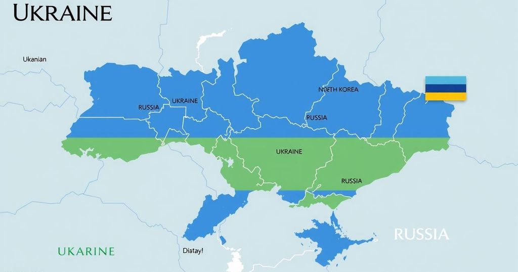 Map of Ukraine highlighting military borders with North Korea and Russia, depicting diplomatic relations in a neutral style.