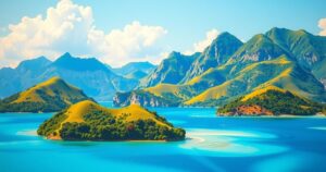 A tropical island landscape depicting the Comoros archipelago with lush greenery and blue waters, in vibrant colors.