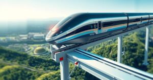 A sleek, futuristic maglev train soaring above a scenic landscape, showcasing advanced technology in motion.