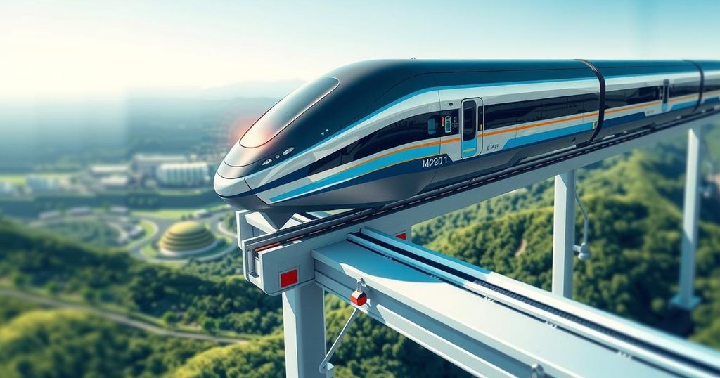 A sleek, futuristic maglev train soaring above a scenic landscape, showcasing advanced technology in motion.