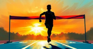 A silhouette of a runner breaking through the finish line in a vibrant sunset sky, symbolizing victory and determination.