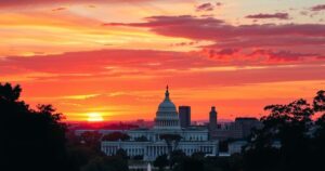 Dramatic skyline of Washington D.C. at sunset, featuring iconic monuments in warm hues of orange and pink.