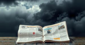 Symbolic representation of press freedom featuring an open newspaper amidst dark clouds depicting challenges to journalism.
