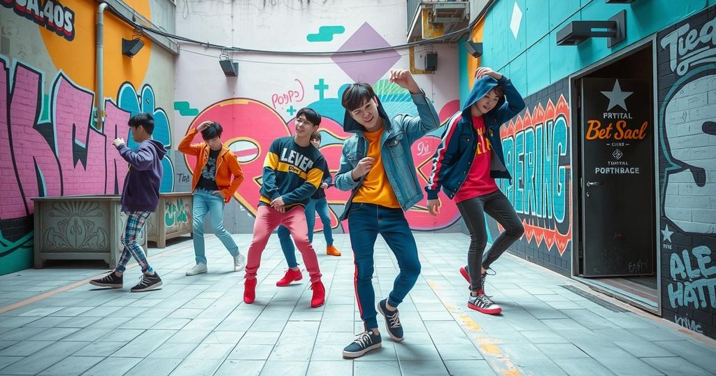 Boy band members training in an urban setting, inspired by vibrant K-pop themes and pastel colors.