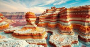A colorful geological landscape showcasing mineral-rich rock formations in a natural setting.