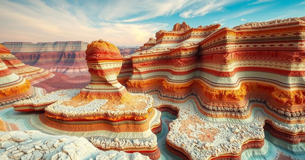 A colorful geological landscape showcasing mineral-rich rock formations in a natural setting.