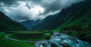 Lush green Himachal Pradesh landscape, heavy rain, stormy clouds, and mountain slopes depicted in a dramatic style.