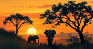 Tranquil scene of a sunset in a safari park with diverse wildlife silhouettes and warm earth tones.